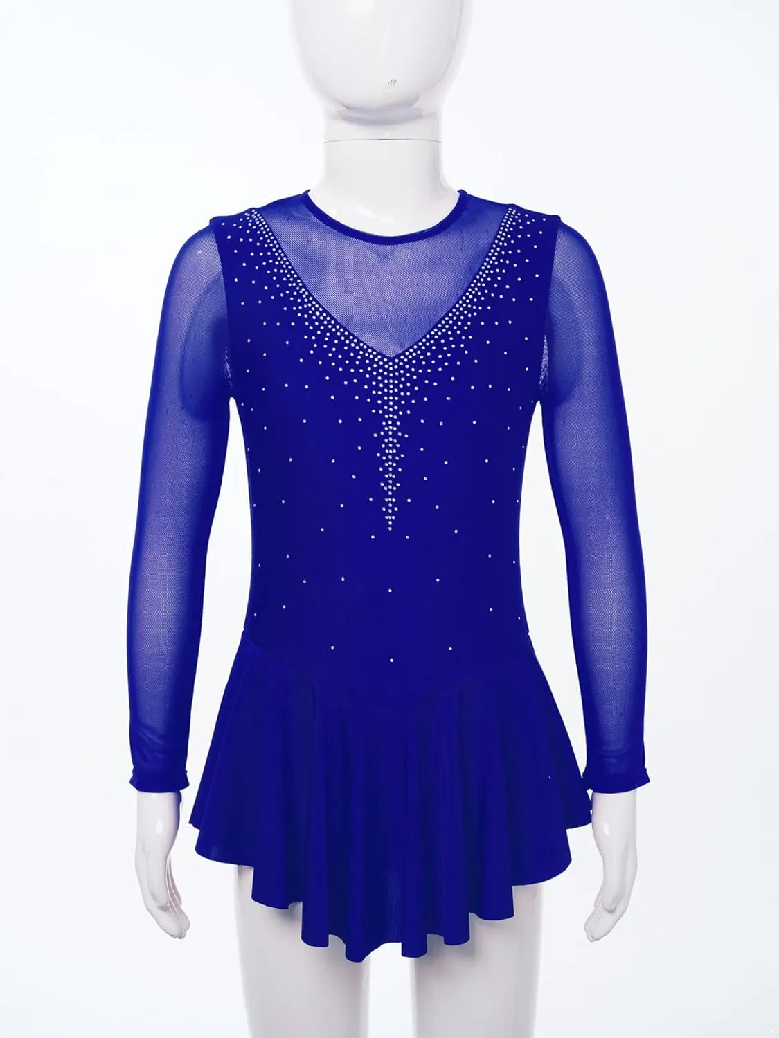 Girls Long Sleeves Sequins Mesh Patchwork Gymnastics Ballet Dance Dress Figure Ice Skating Dress