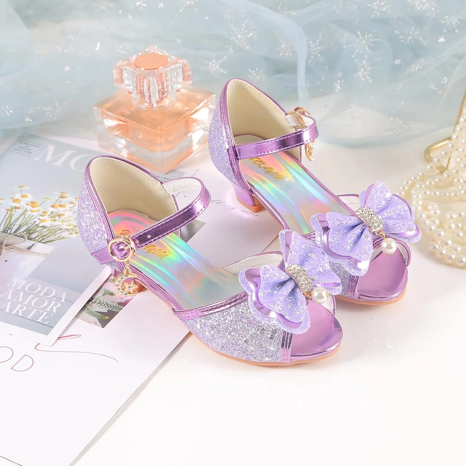 Girls Mary Jane Glitter Wedding Party Dress Shoes Princess Flower Strap Shoes