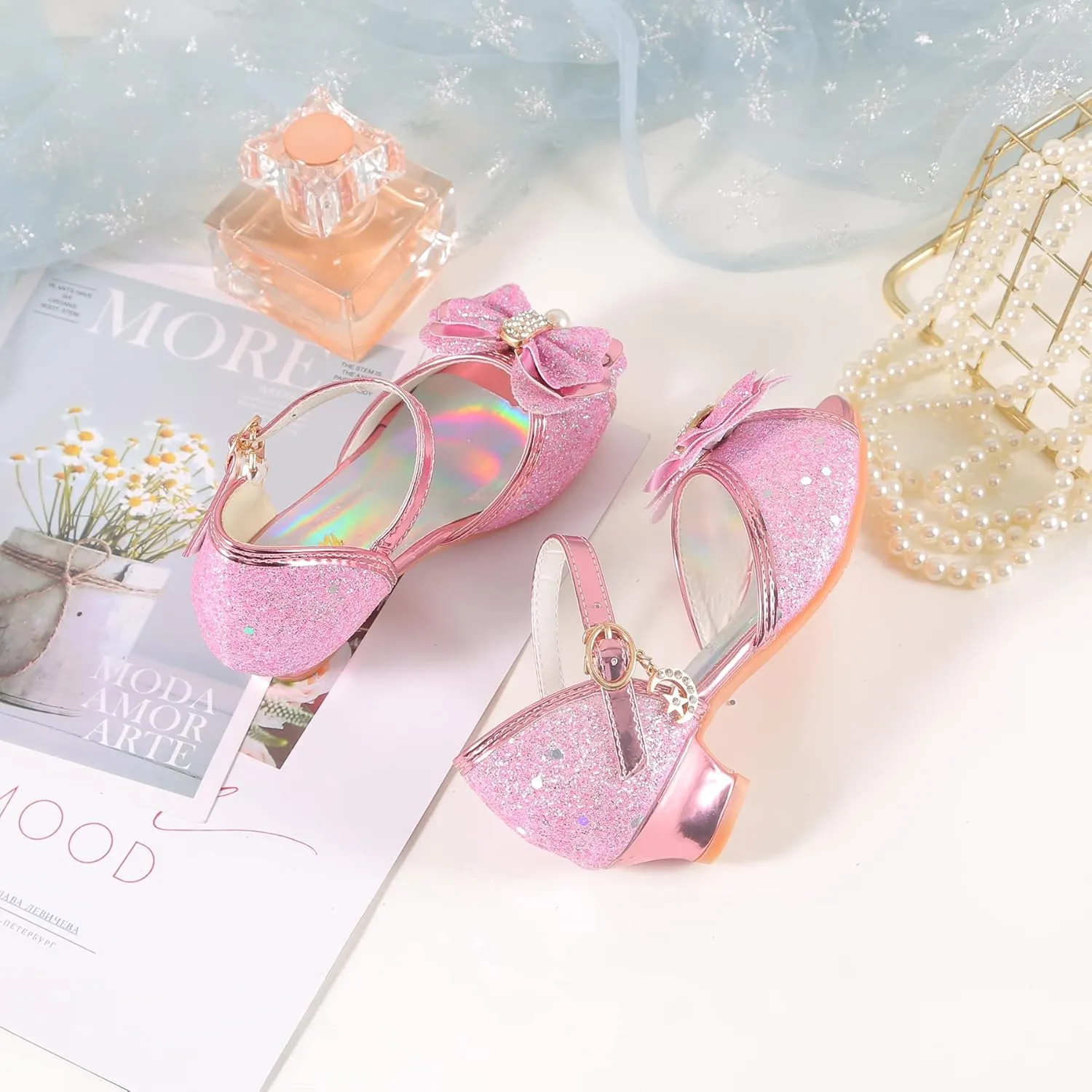 Girls Mary Jane Glitter Wedding Party Dress Shoes Princess Flower Strap Shoes