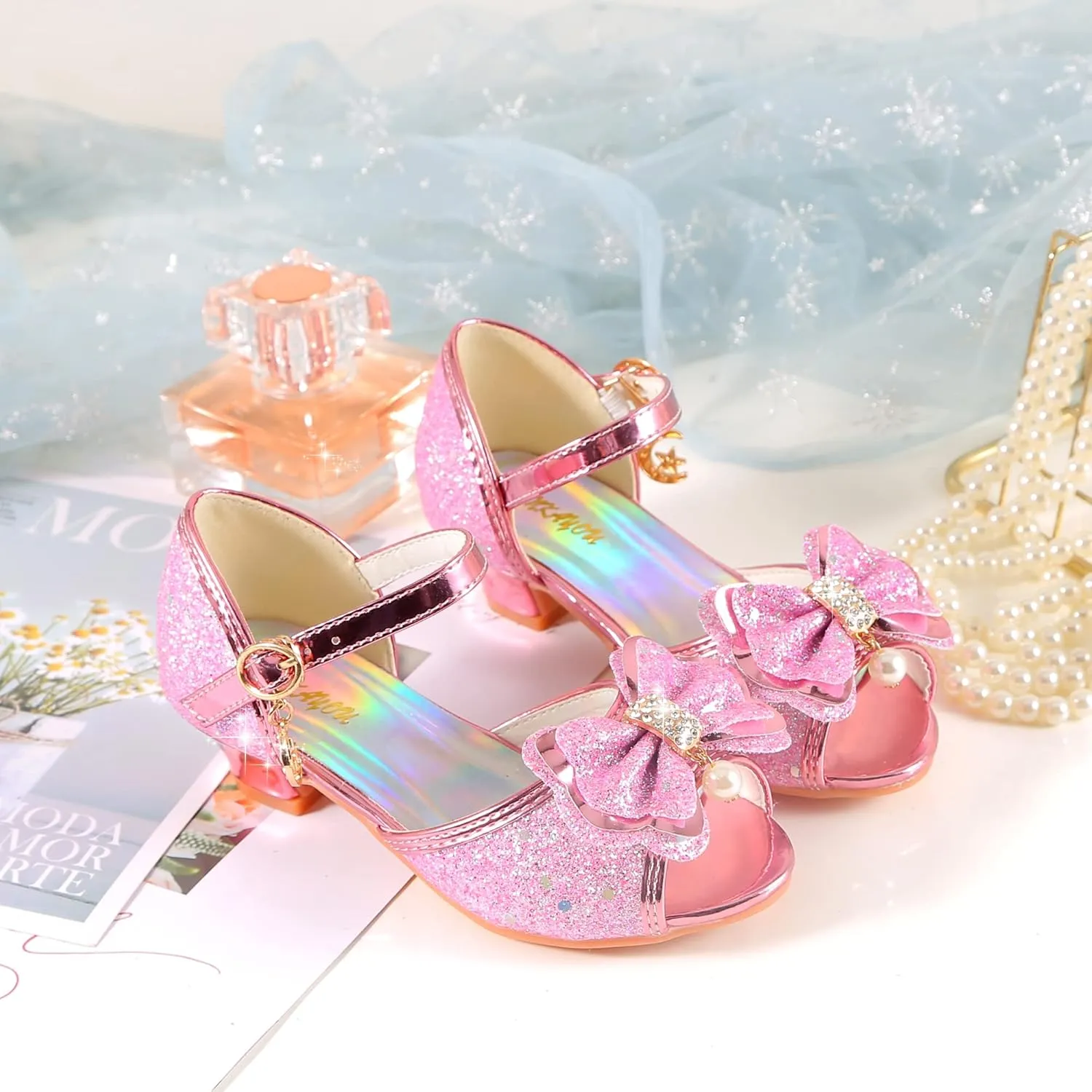 Girls Mary Jane Glitter Wedding Party Dress Shoes Princess Flower Strap Shoes