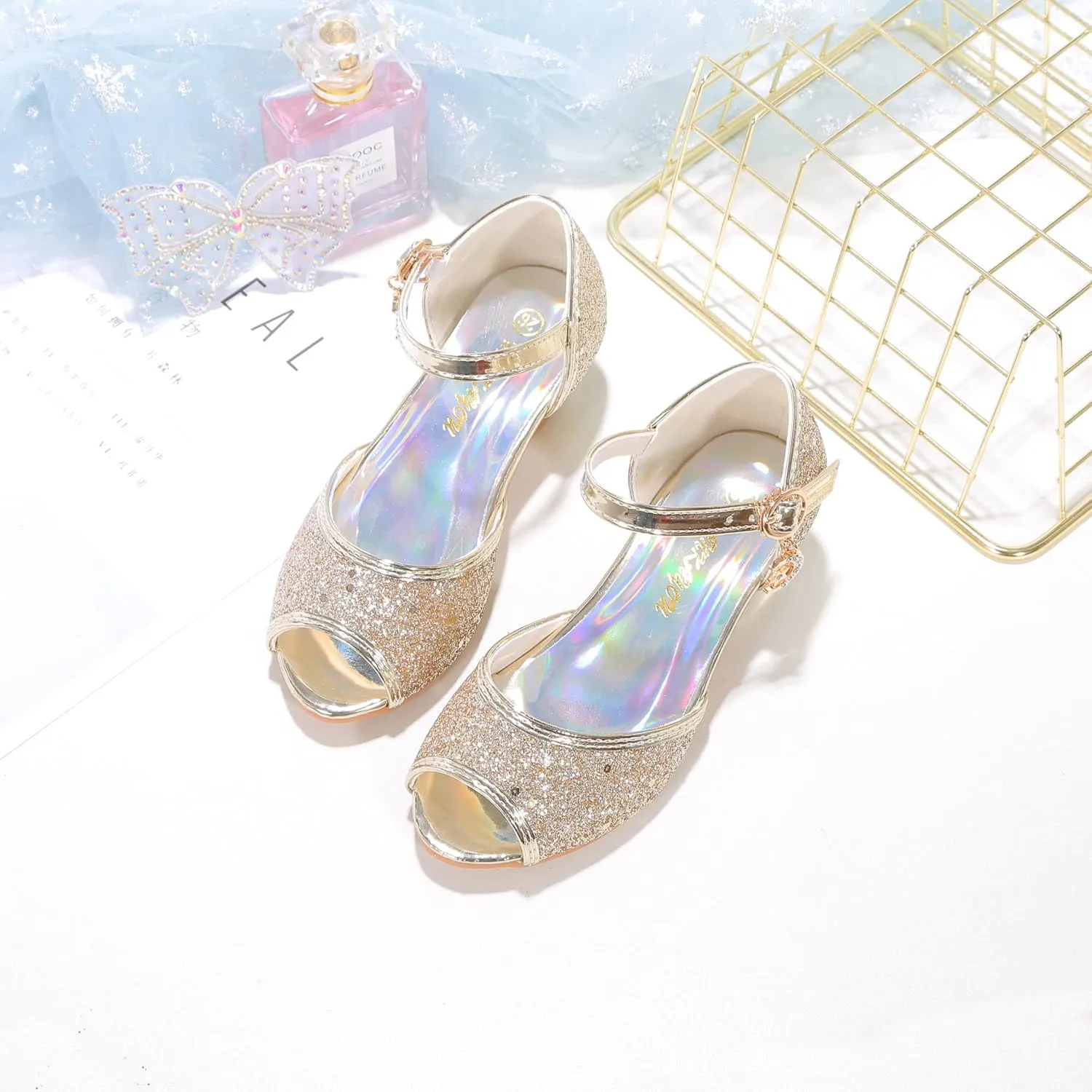 Girls Mary Jane Glitter Wedding Party Dress Shoes Princess Flower Strap Shoes