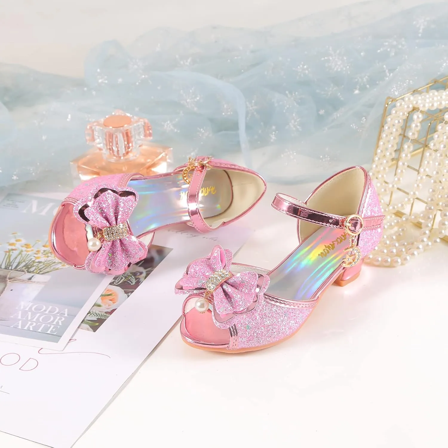 Girls Mary Jane Glitter Wedding Party Dress Shoes Princess Flower Strap Shoes