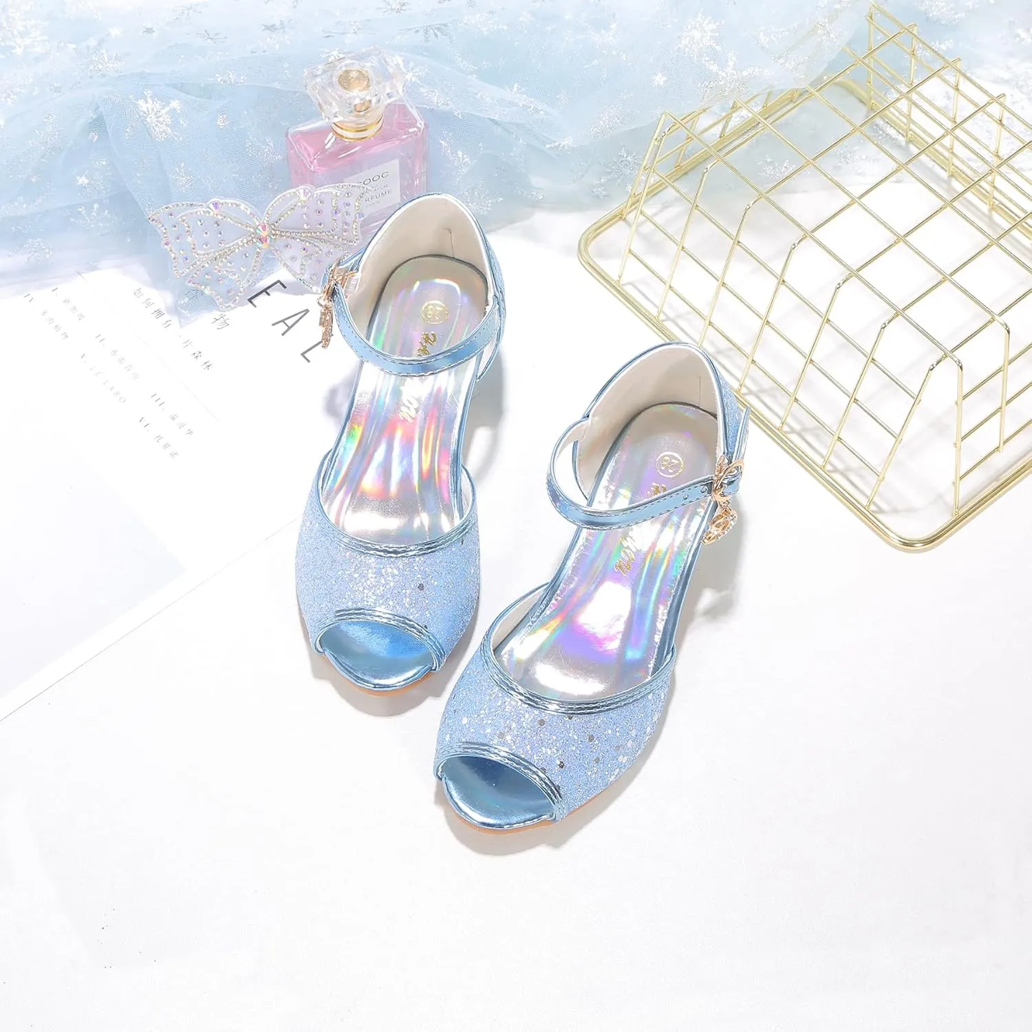 Girls Mary Jane Glitter Wedding Party Dress Shoes Princess Flower Strap Shoes