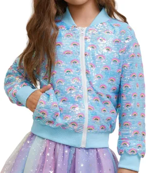 Girls Sequin Bomber Jacket Sparkly Bomber Outfit Long Sleeve Zipper Bright Colors 5-12T