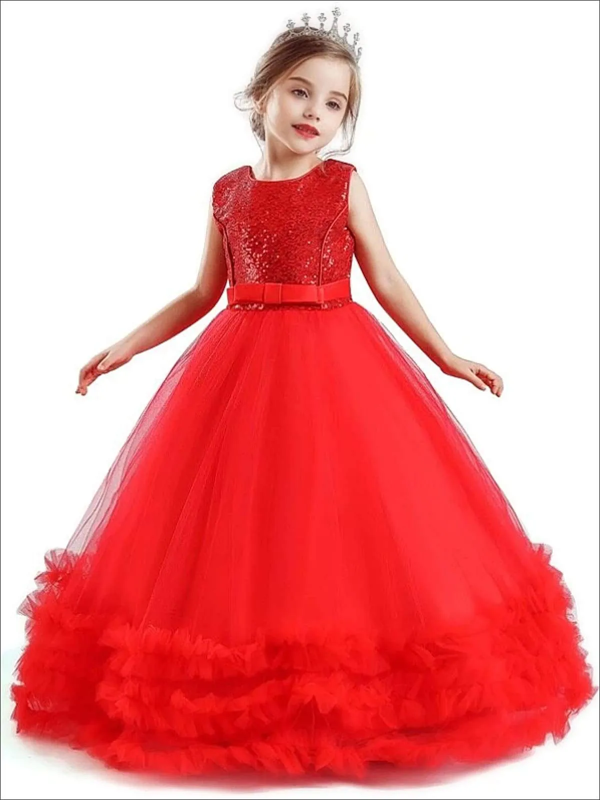 Girls Sequin Embellished Ruffled Tulle Holiday Dress