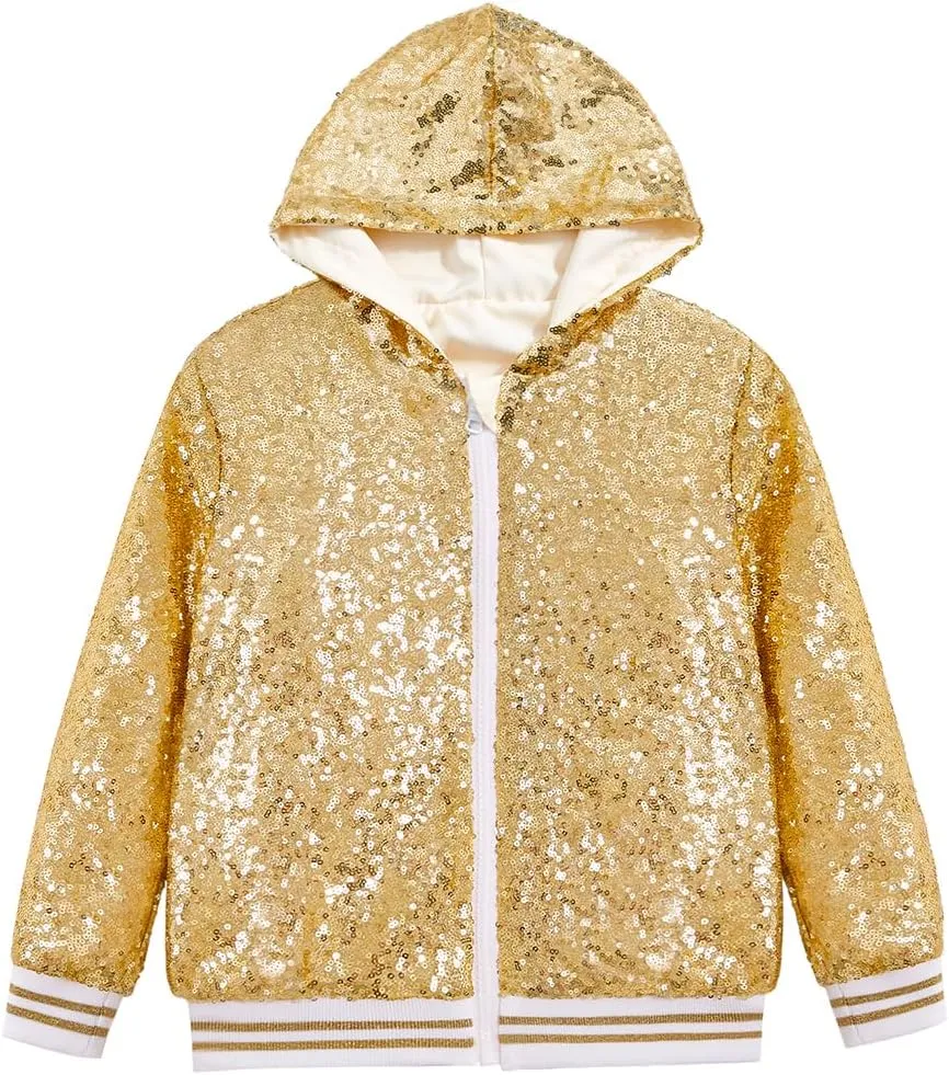 Girls Sequin Jackets Kids Boys Bomber Jacket Zip Up Coat Sparkle Outwear Birthday Clothes
