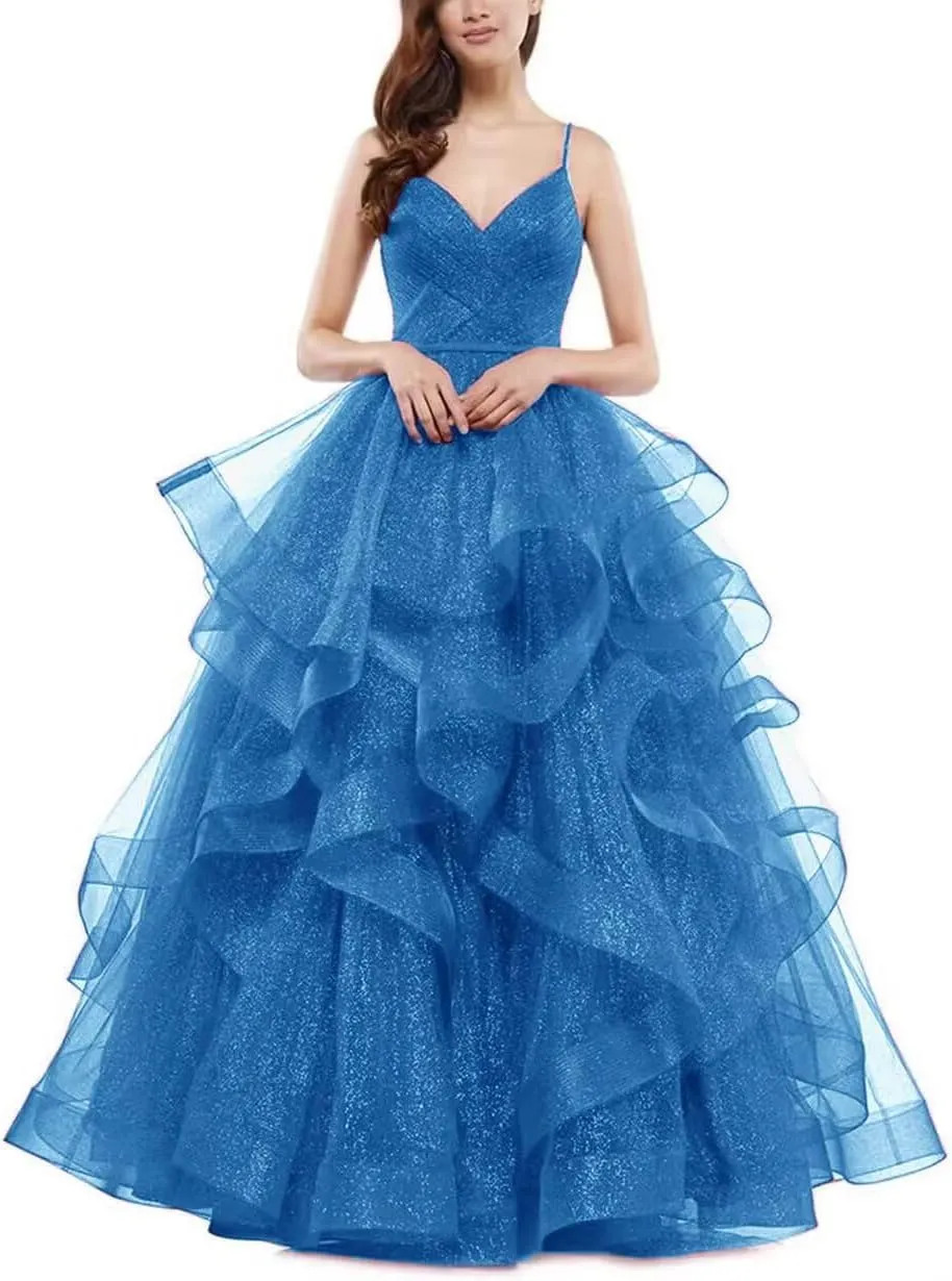 Glitter Ball Gowns Tulle Long Prom Dress V Neck Spaghetti Straps Formal Evening Party Gown for Women Wedding Guests