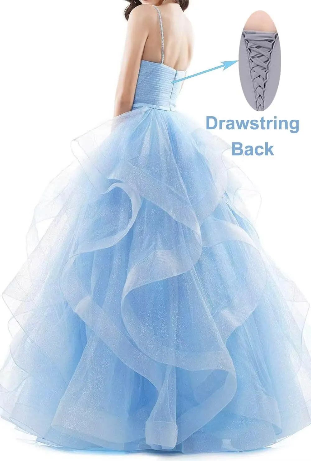 Glitter Ball Gowns Tulle Long Prom Dress V Neck Spaghetti Straps Formal Evening Party Gown for Women Wedding Guests