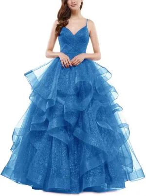 Glitter Ball Gowns Tulle Long Prom Dress V Neck Spaghetti Straps Formal Evening Party Gown for Women Wedding Guests