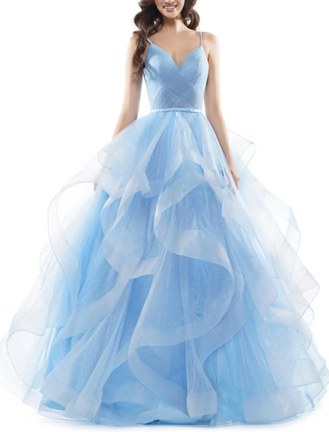 Glitter Ball Gowns Tulle Long Prom Dress V Neck Spaghetti Straps Formal Evening Party Gown for Women Wedding Guests
