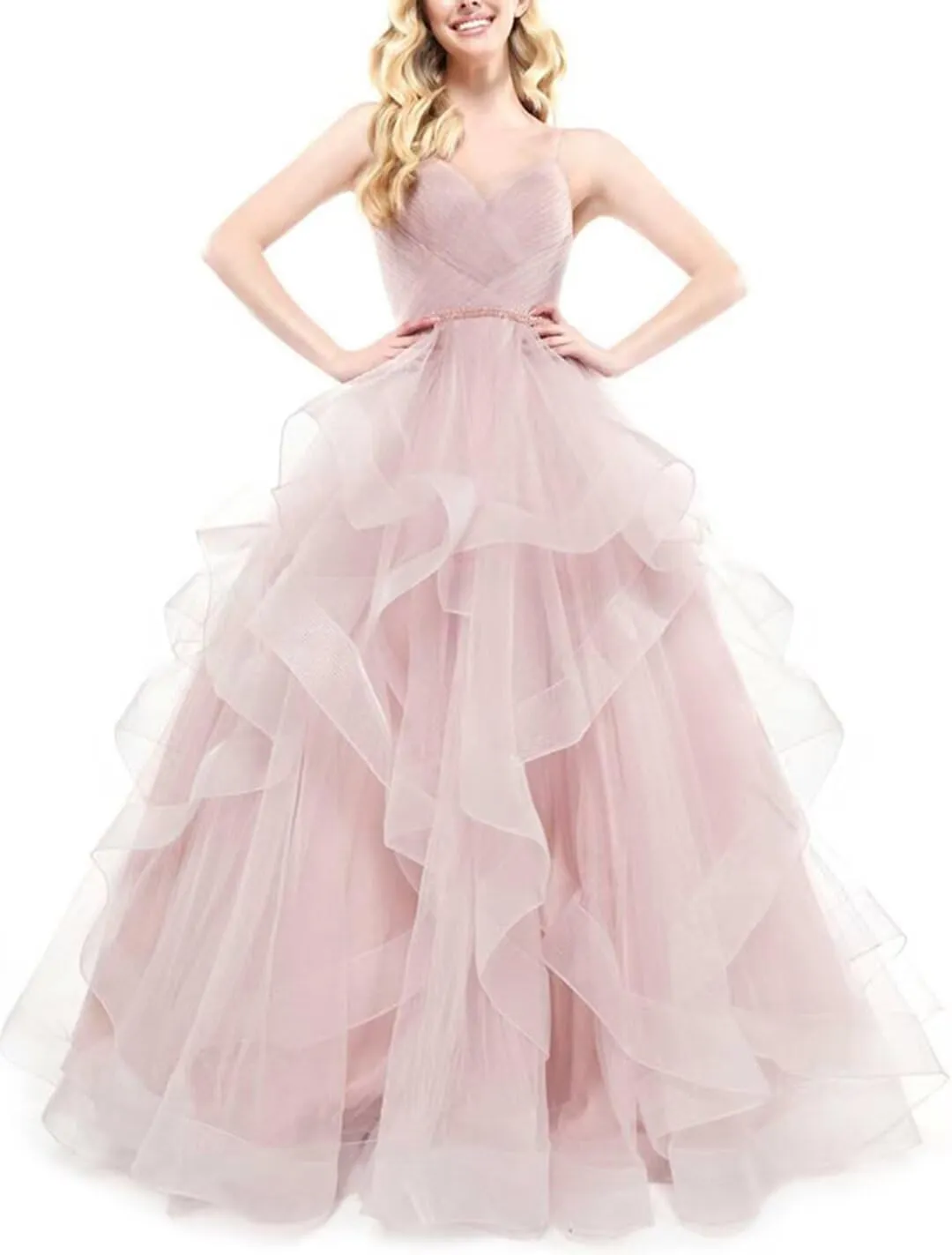 Glitter Ball Gowns Tulle Long Prom Dress V Neck Spaghetti Straps Formal Evening Party Gown for Women Wedding Guests