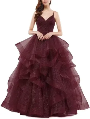 Glitter Ball Gowns Tulle Long Prom Dress V Neck Spaghetti Straps Formal Evening Party Gown for Women Wedding Guests