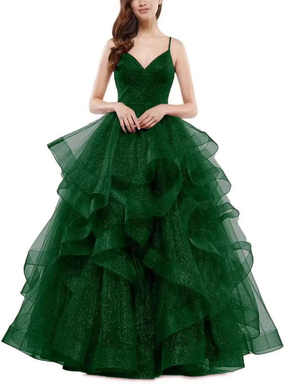 Glitter Ball Gowns Tulle Long Prom Dress V Neck Spaghetti Straps Formal Evening Party Gown for Women Wedding Guests