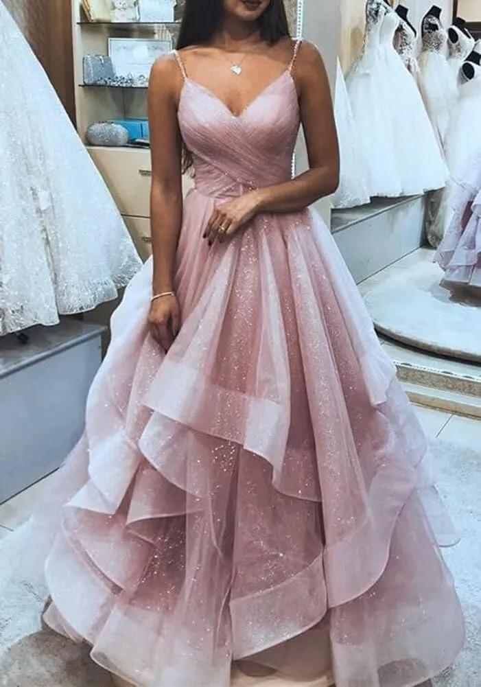Glitter Ball Gowns Tulle Long Prom Dress V Neck Spaghetti Straps Formal Evening Party Gown for Women Wedding Guests