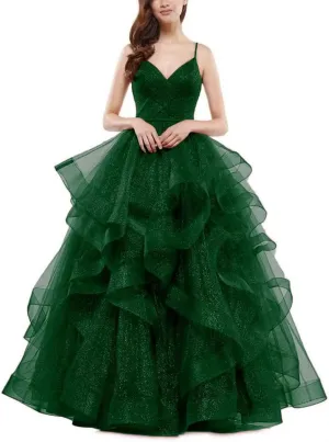 Glitter Ball Gowns Tulle Long Prom Dress V Neck Spaghetti Straps Formal Evening Party Gown for Women Wedding Guests