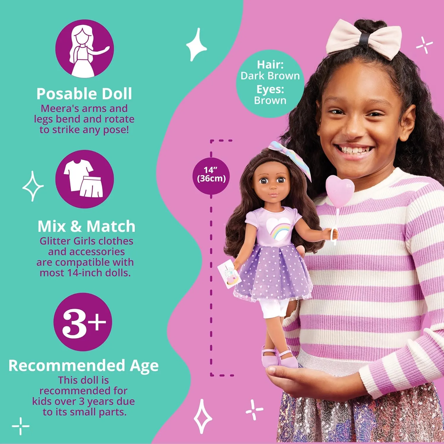 Glitter Girls – 14-inch Posable Doll – Birthday Party Accessories – Balloon, Toy Present & More – Toys for Kids 3 Years  – Meera