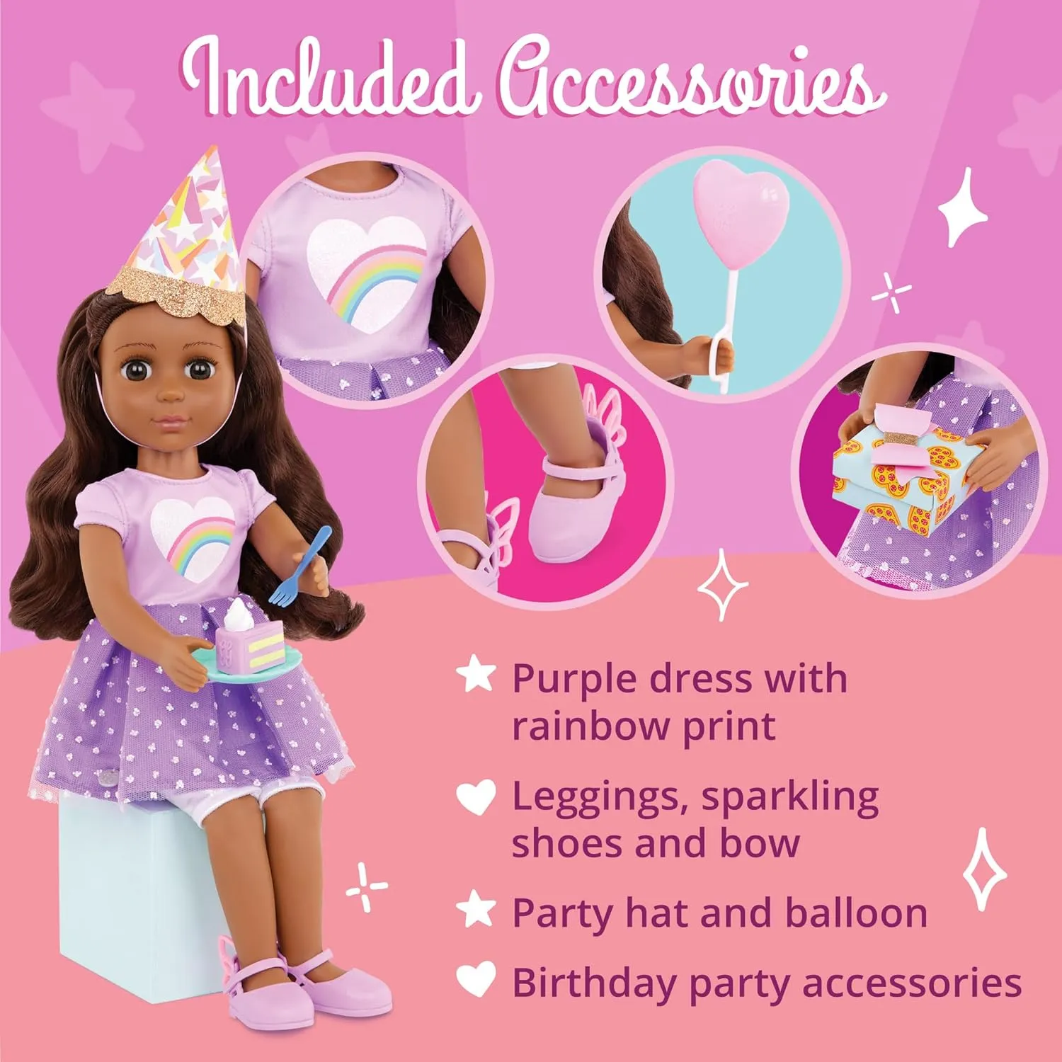 Glitter Girls – 14-inch Posable Doll – Birthday Party Accessories – Balloon, Toy Present & More – Toys for Kids 3 Years  – Meera
