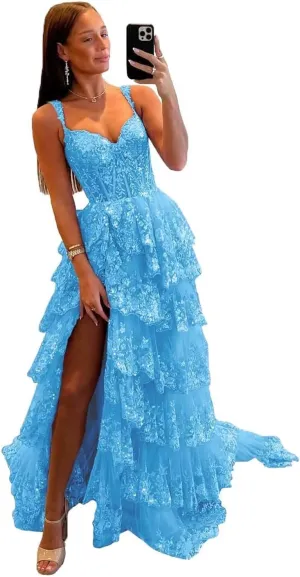Glitter Tiered Tulle Lace Prom Dresses Long for Teens 2024 Spaghetti Straps Formal Wedding Evening Gowns VS035