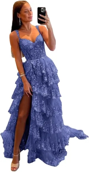 Glitter Tiered Tulle Lace Prom Dresses Long for Teens 2024 Spaghetti Straps Formal Wedding Evening Gowns VS035