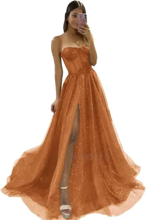 Glitter Tulle Prom Dress Long Ball Gown with Slit Spaghetti Straps Sweetheart Applique Formal Evening Party Gown