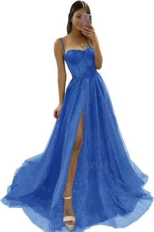 Glitter Tulle Prom Dress Long Ball Gown with Slit Spaghetti Straps Sweetheart Applique Formal Evening Party Gown