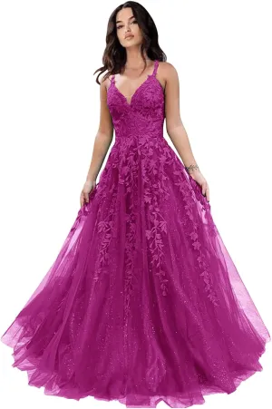 Glitter Tulle Prom Dresses Women Lace Appliques Long Ball Gwons with Spaghetti Straps A-Line Evening Dresses