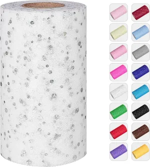 Glitter Tulle Rolls, 6' by 50 Yards (150FT) Sequin Tulle Netting Fabric for Tutu Skirts Sewing Birthday Wedding Party Decoration (White)