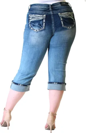 Grace in LA Mid Rise Easy Capri Cuffed Rhinestone Embellished Cropped Stretch Jeans