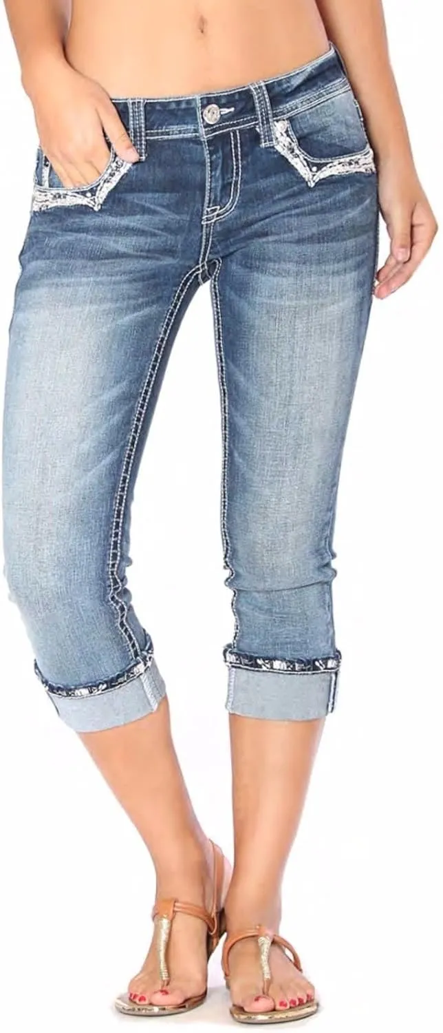 Grace in LA Mid Rise Easy Capri Cuffed Rhinestone Embellished Cropped Stretch Jeans