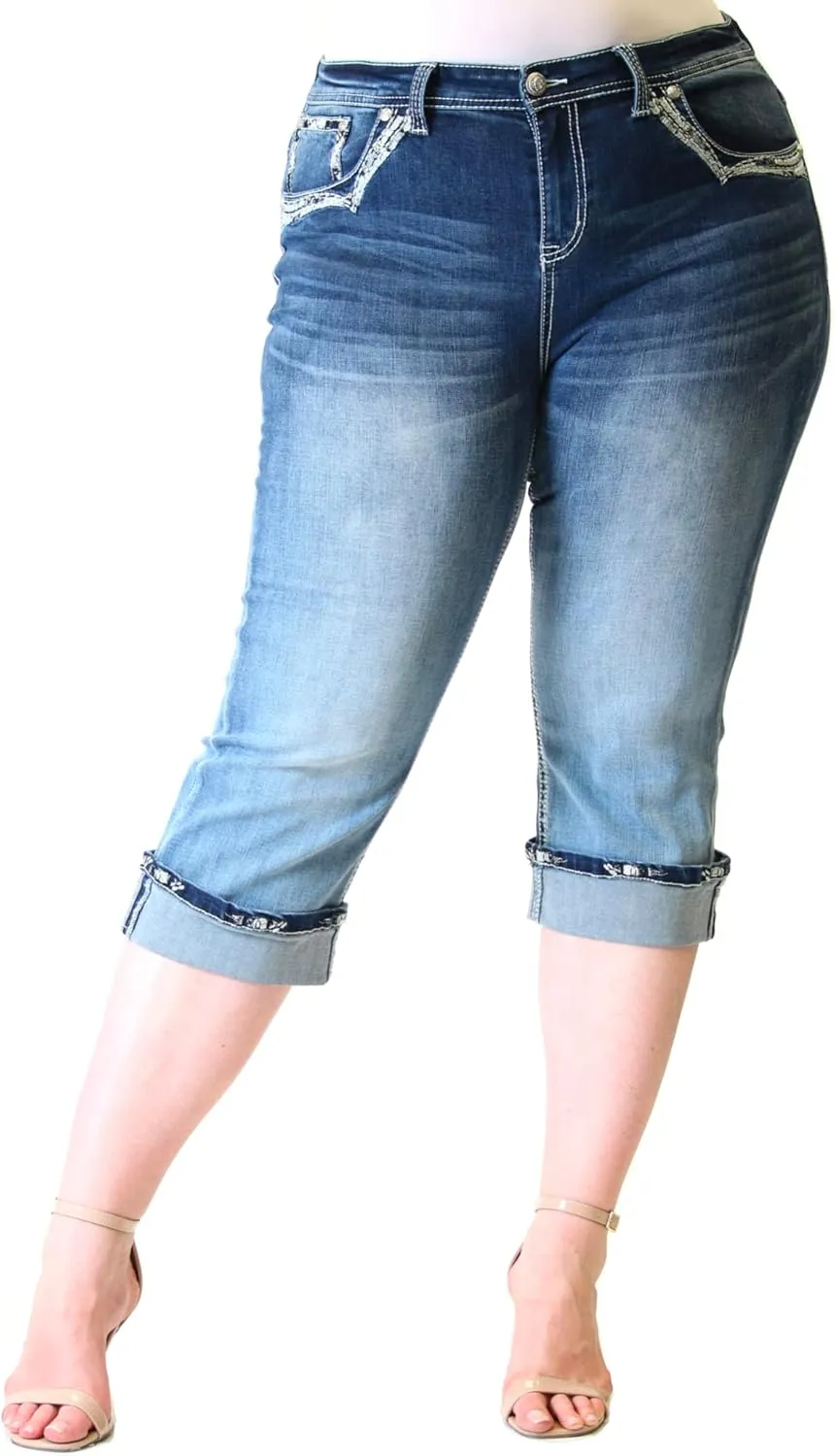 Grace in LA Mid Rise Easy Capri Cuffed Rhinestone Embellished Cropped Stretch Jeans