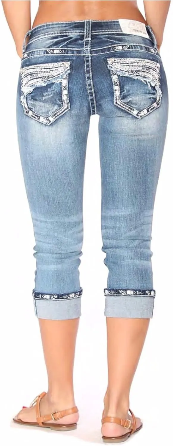 Grace in LA Mid Rise Easy Capri Cuffed Rhinestone Embellished Cropped Stretch Jeans