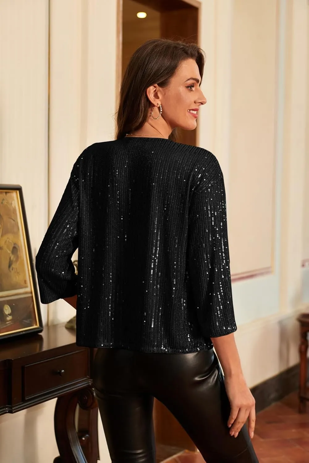 GRACE KARIN 2024 Women's 3/4 Sleeve Sequin Jackets Open Front Sequin Cardigan Sweaters Blazer S-2XL