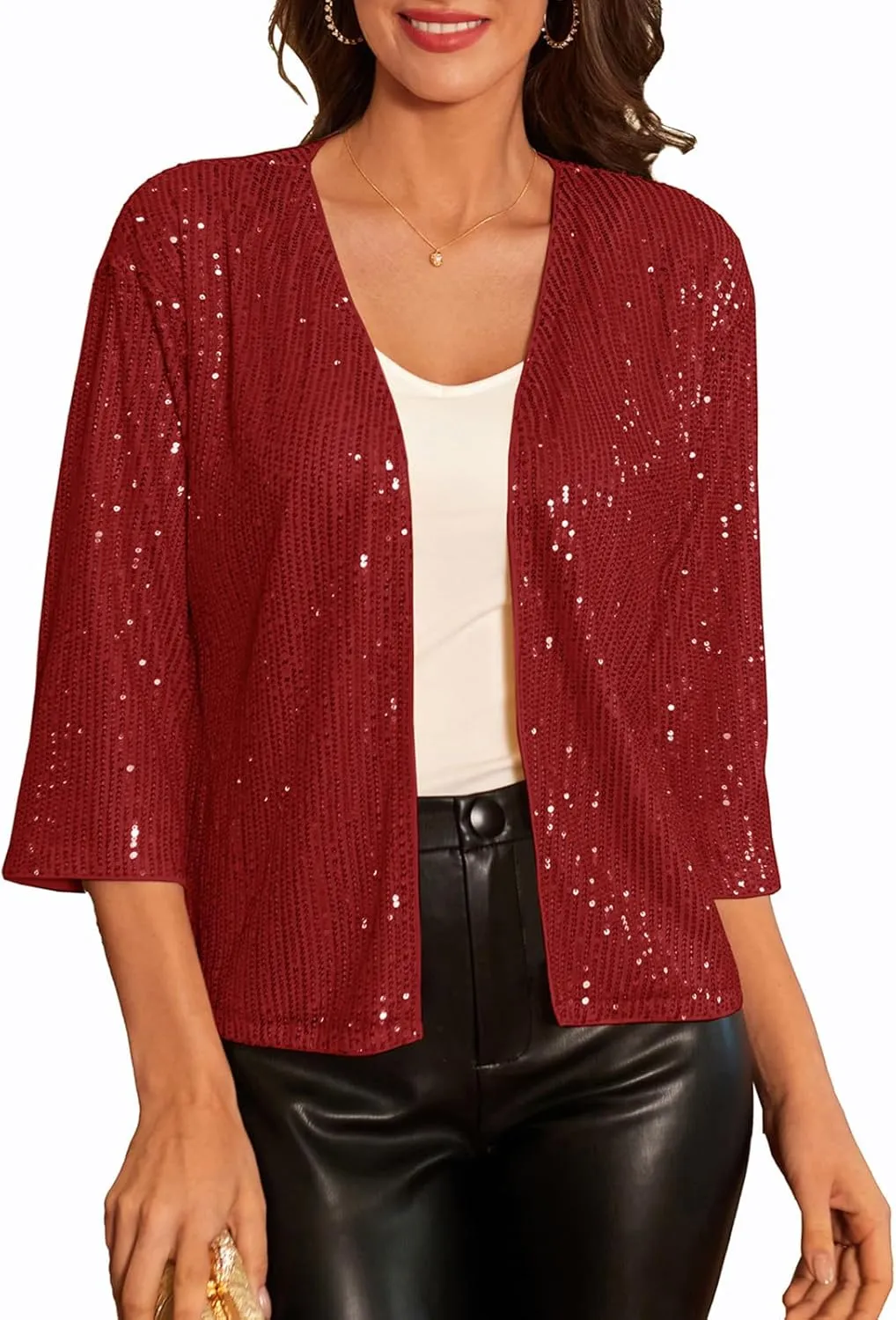 GRACE KARIN 2024 Women's 3/4 Sleeve Sequin Jackets Open Front Sequin Cardigan Sweaters Blazer S-2XL