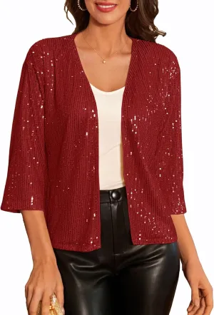 GRACE KARIN 2024 Women's 3/4 Sleeve Sequin Jackets Open Front Sequin Cardigan Sweaters Blazer S-2XL