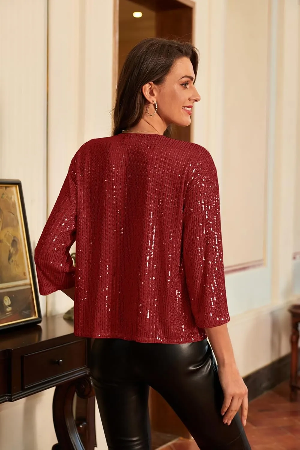 GRACE KARIN 2024 Women's 3/4 Sleeve Sequin Jackets Open Front Sequin Cardigan Sweaters Blazer S-2XL