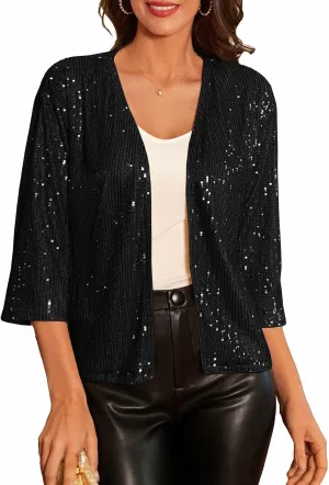 GRACE KARIN 2024 Women's 3/4 Sleeve Sequin Jackets Open Front Sequin Cardigan Sweaters Blazer S-2XL