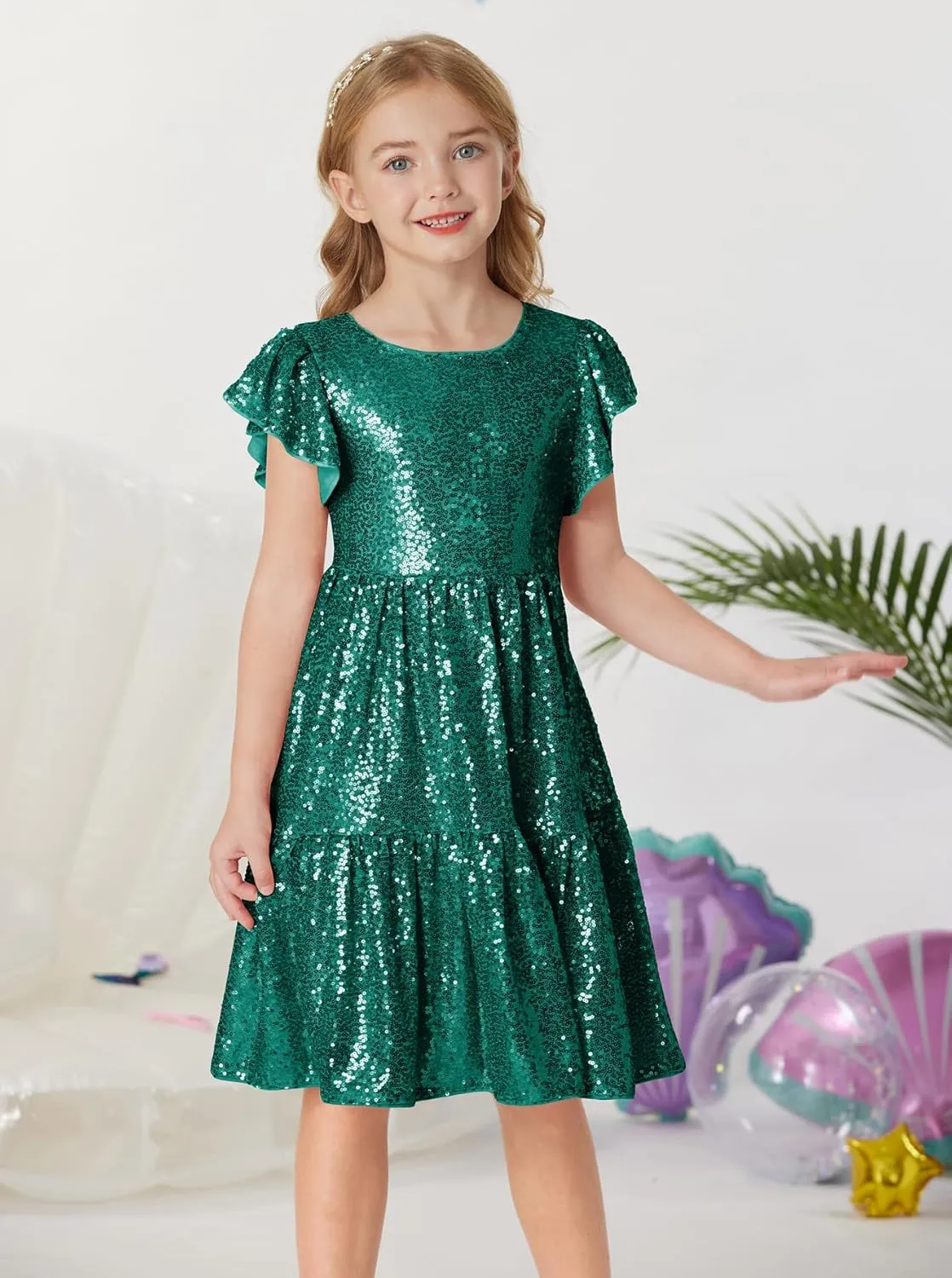 GRACE KARIN Girls Party Dress Sequin Formal Fancy Birthday Dress for Girls Prom Ruffle Midi Dress 5-14Years