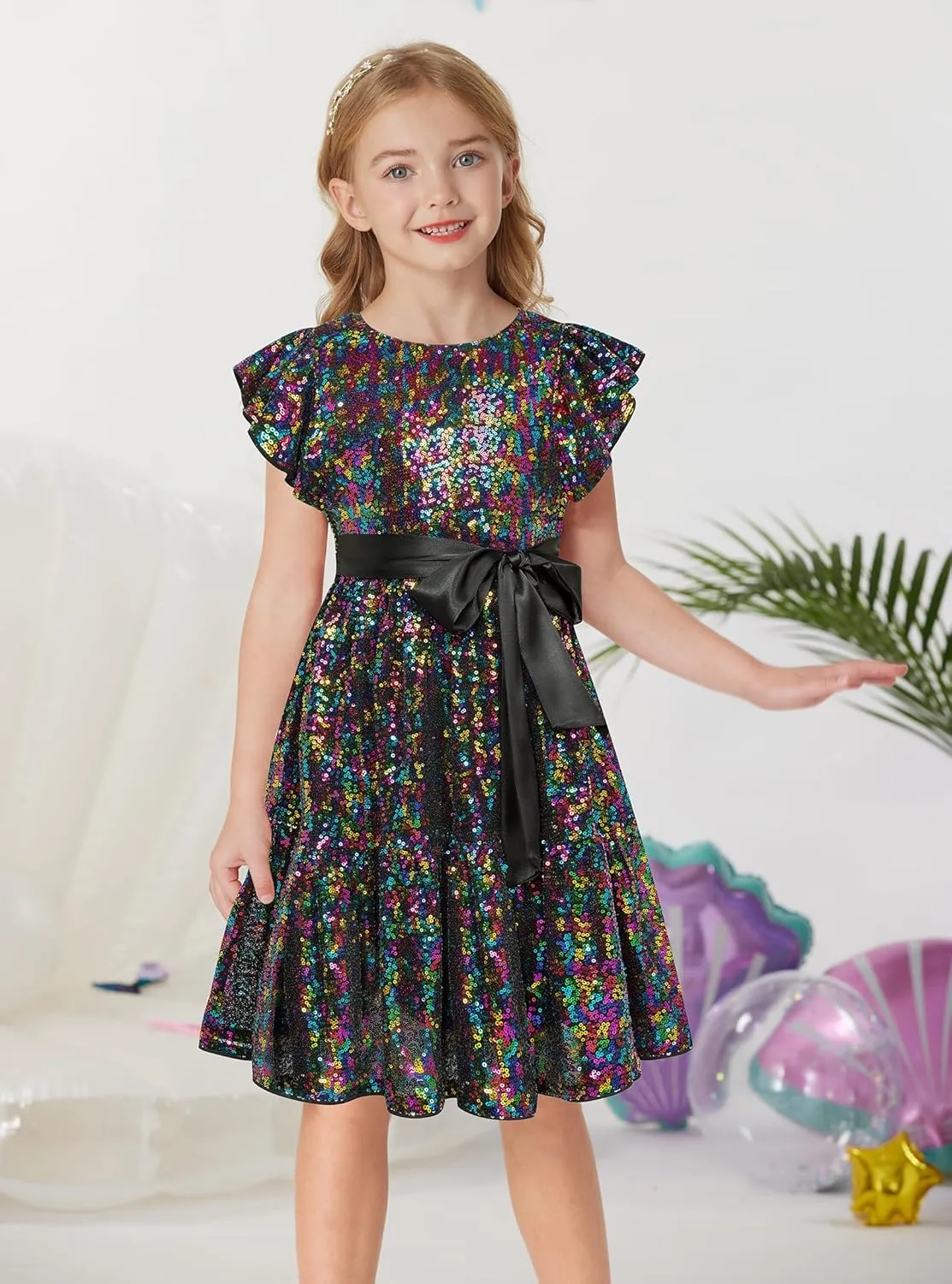 GRACE KARIN Girls Party Dress Sequin Formal Fancy Birthday Dress for Girls Prom Ruffle Midi Dress 5-14Years