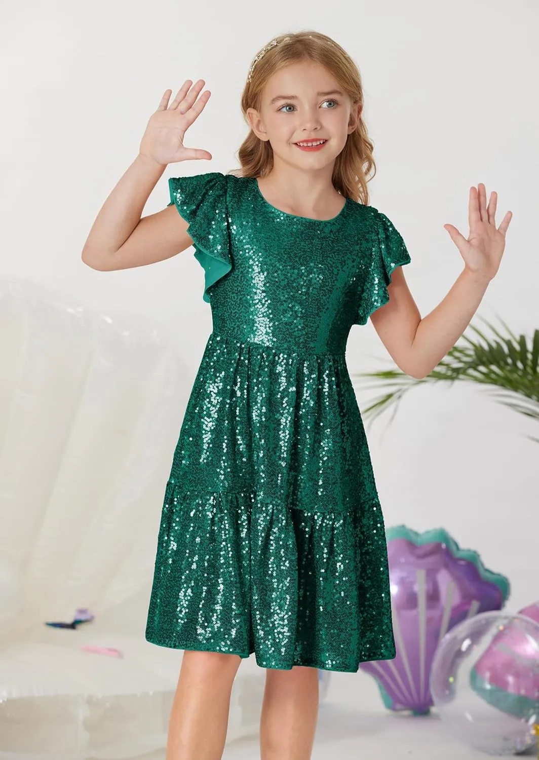 GRACE KARIN Girls Party Dress Sequin Formal Fancy Birthday Dress for Girls Prom Ruffle Midi Dress 5-14Years