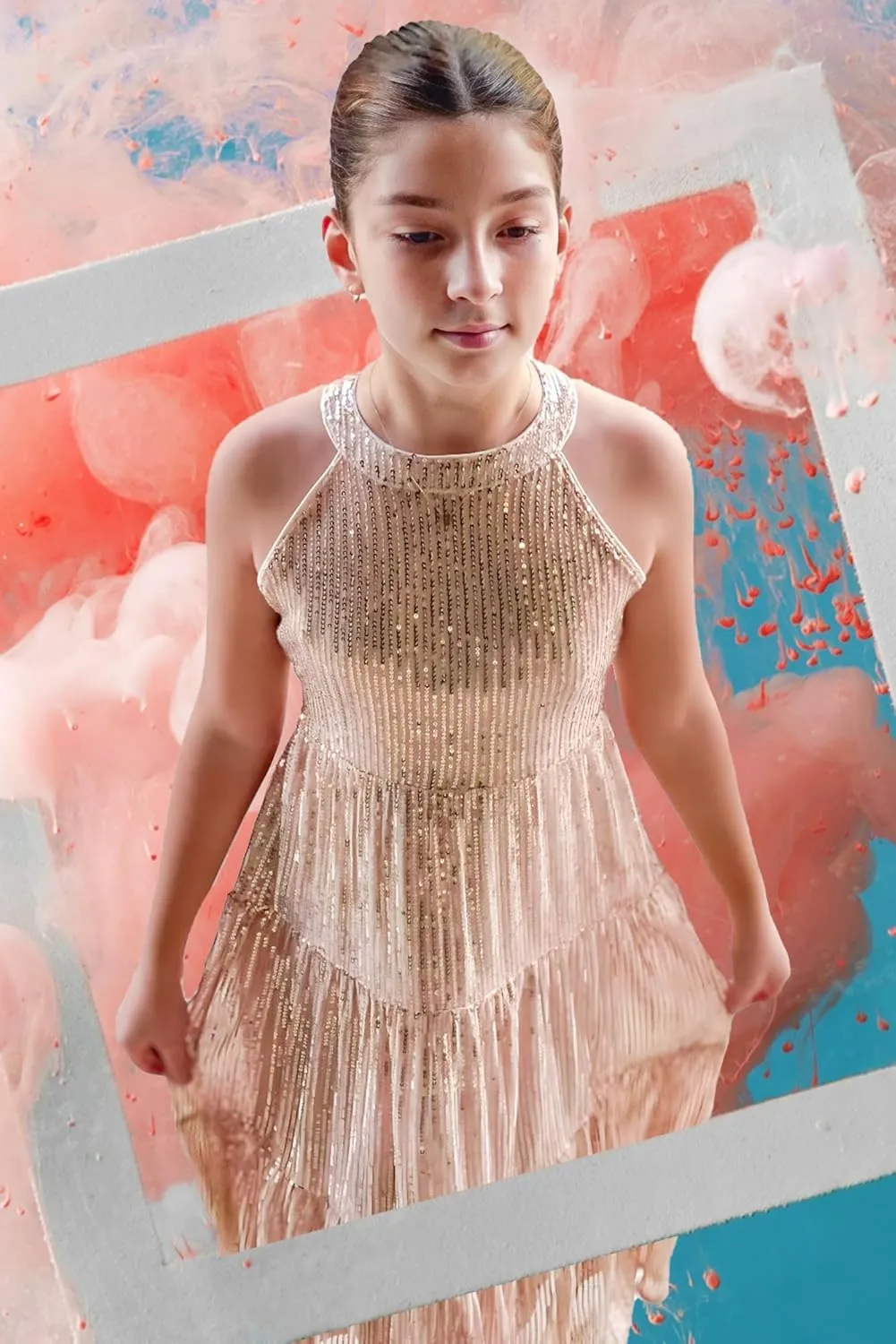 GRACE KARIN Girls Sequin Dress Formal Party Elegant Fancy Girls Maxi Long Dress for 5-14Y