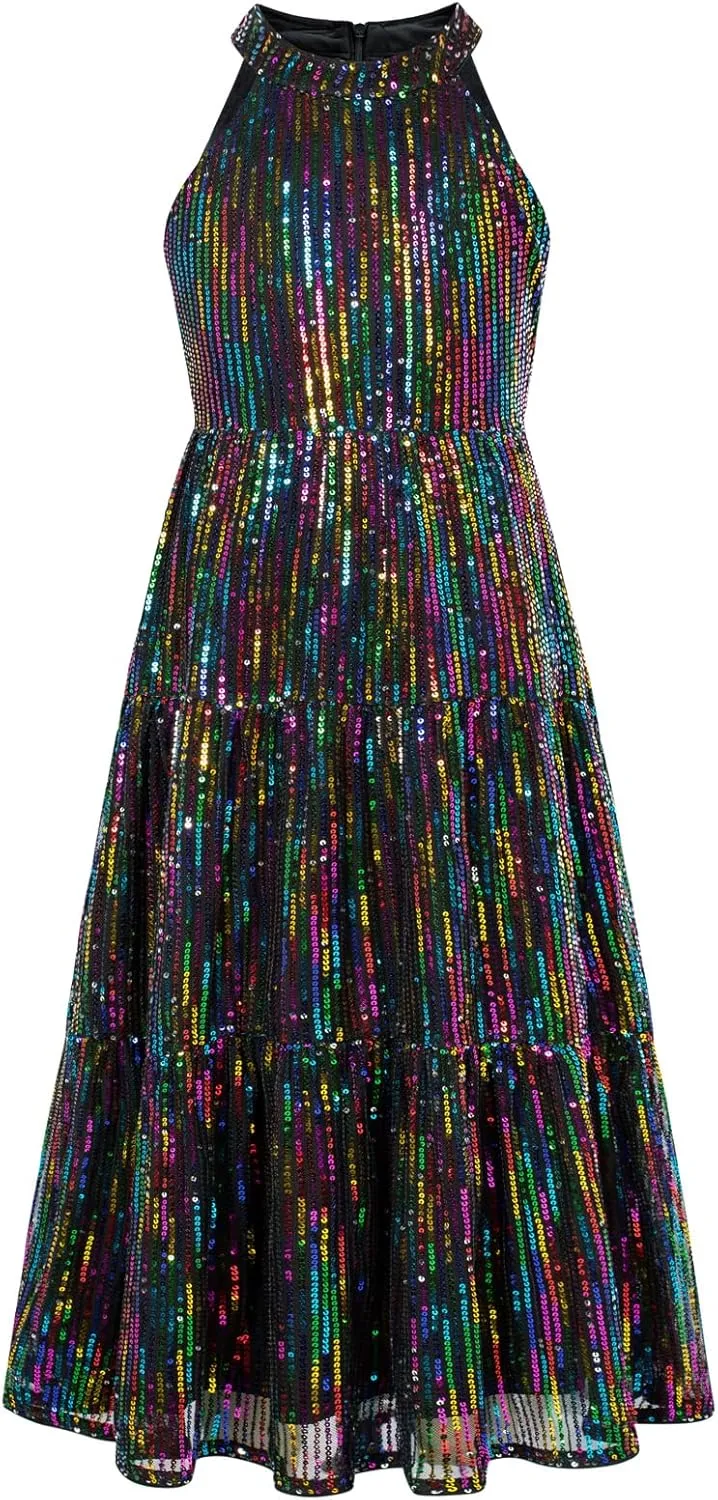 GRACE KARIN Girls Sequin Dress Formal Party Elegant Fancy Girls Maxi Long Dress for 5-14Y