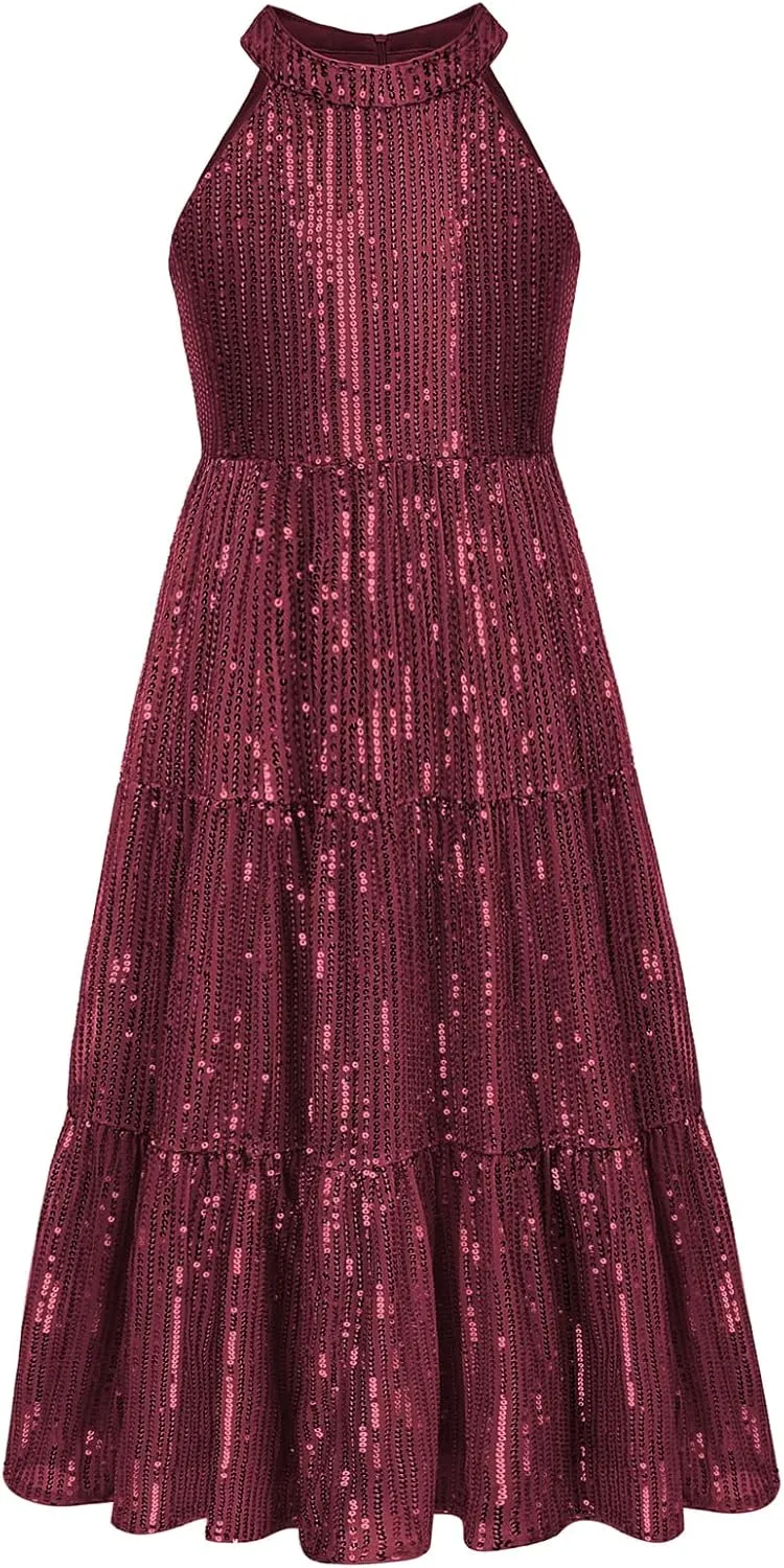 GRACE KARIN Girls Sequin Dress Formal Party Elegant Fancy Girls Maxi Long Dress for 5-14Y