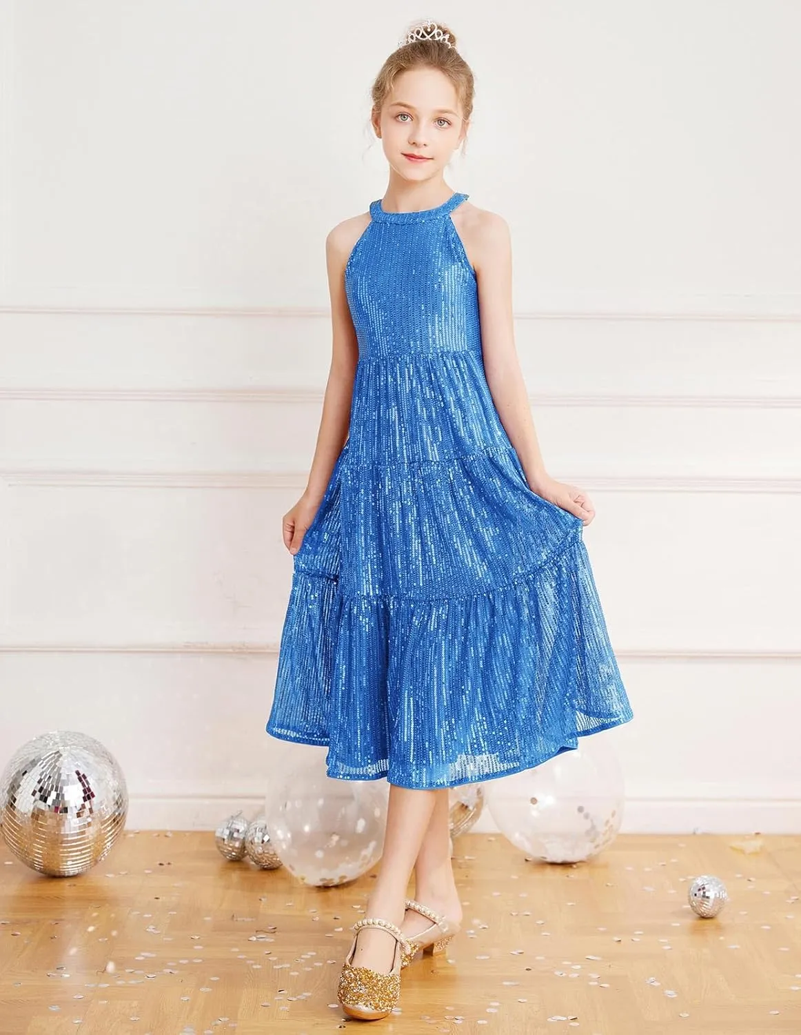 GRACE KARIN Girls Sequin Dress Formal Party Elegant Fancy Girls Maxi Long Dress for 5-14Y