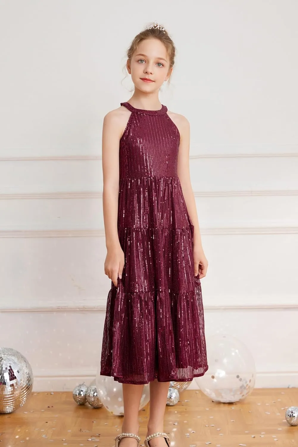 GRACE KARIN Girls Sequin Dress Formal Party Elegant Fancy Girls Maxi Long Dress for 5-14Y