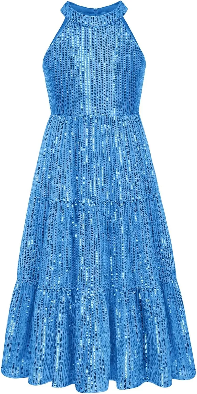 GRACE KARIN Girls Sequin Dress Formal Party Elegant Fancy Girls Maxi Long Dress for 5-14Y