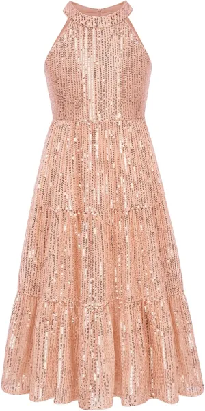 GRACE KARIN Girls Sequin Dress Formal Party Elegant Fancy Girls Maxi Long Dress for 5-14Y