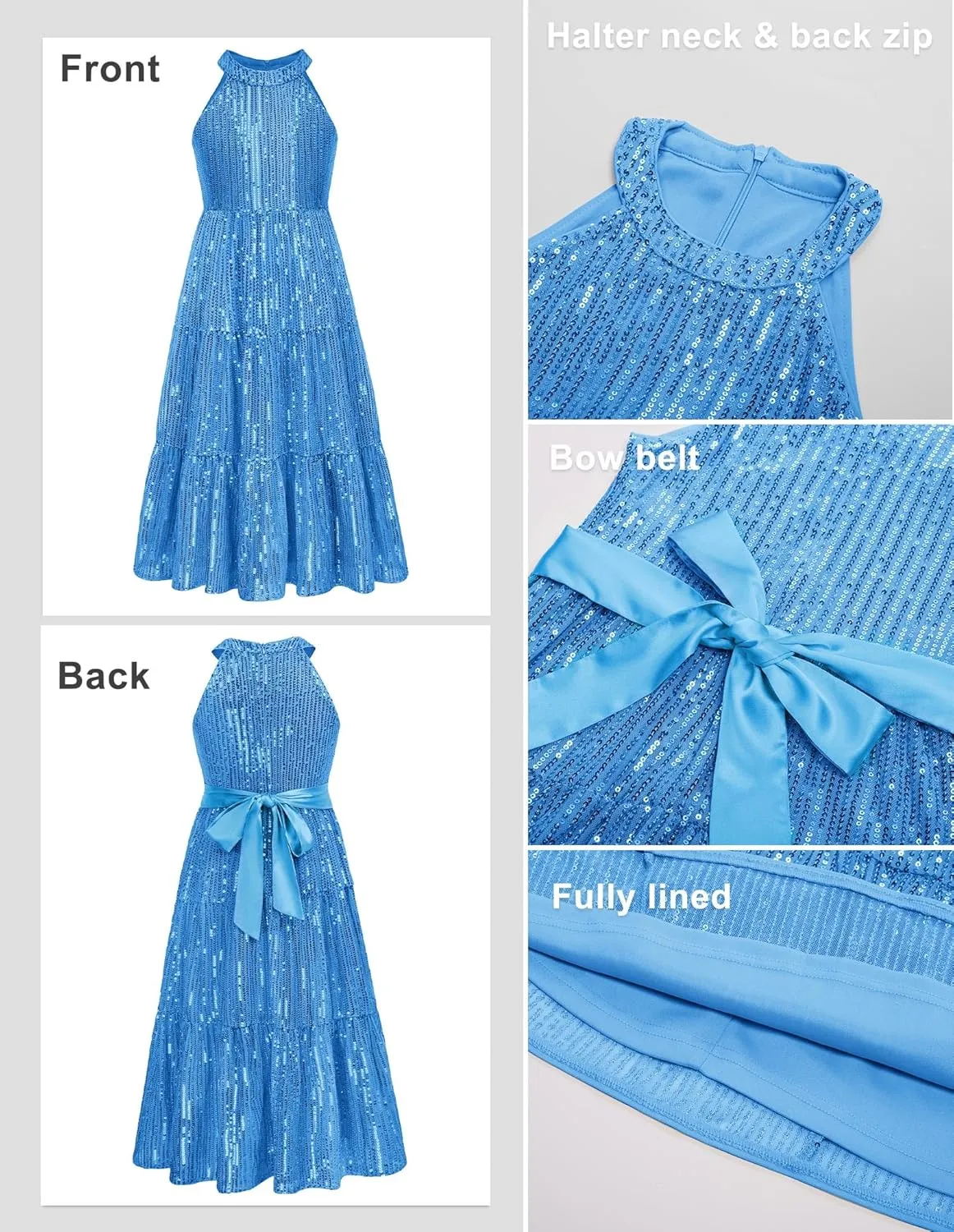 GRACE KARIN Girls Sequin Dress Formal Party Elegant Fancy Girls Maxi Long Dress for 5-14Y