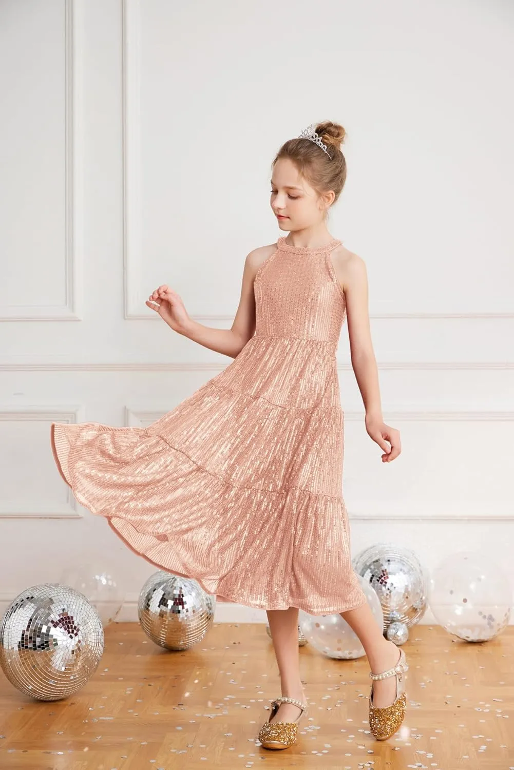GRACE KARIN Girls Sequin Dress Formal Party Elegant Fancy Girls Maxi Long Dress for 5-14Y