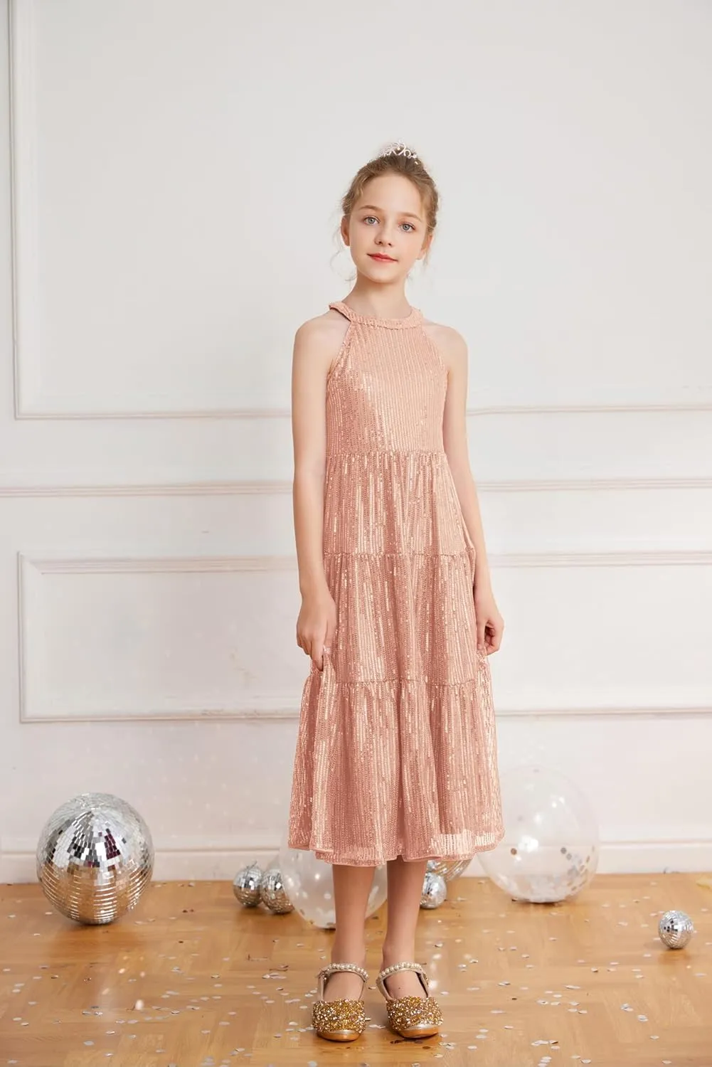 GRACE KARIN Girls Sequin Dress Formal Party Elegant Fancy Girls Maxi Long Dress for 5-14Y