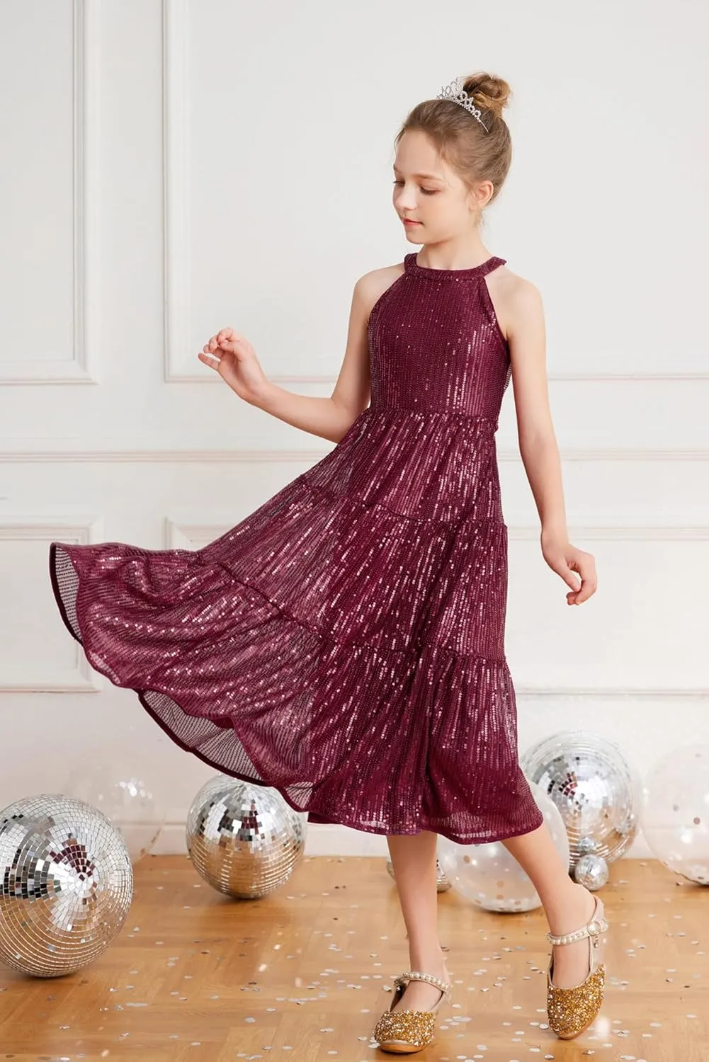 GRACE KARIN Girls Sequin Dress Formal Party Elegant Fancy Girls Maxi Long Dress for 5-14Y